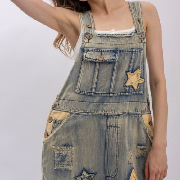 Star And Peace Patchwork Denim Bib Overalls PRE ORDER - Picture 3 of 14
